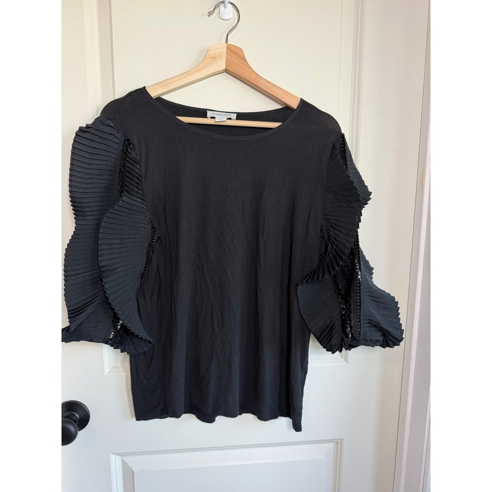 Calligraphie Black Pleated Ruffle 3/4 Sleeve Crochet Lace Knit Top Medium